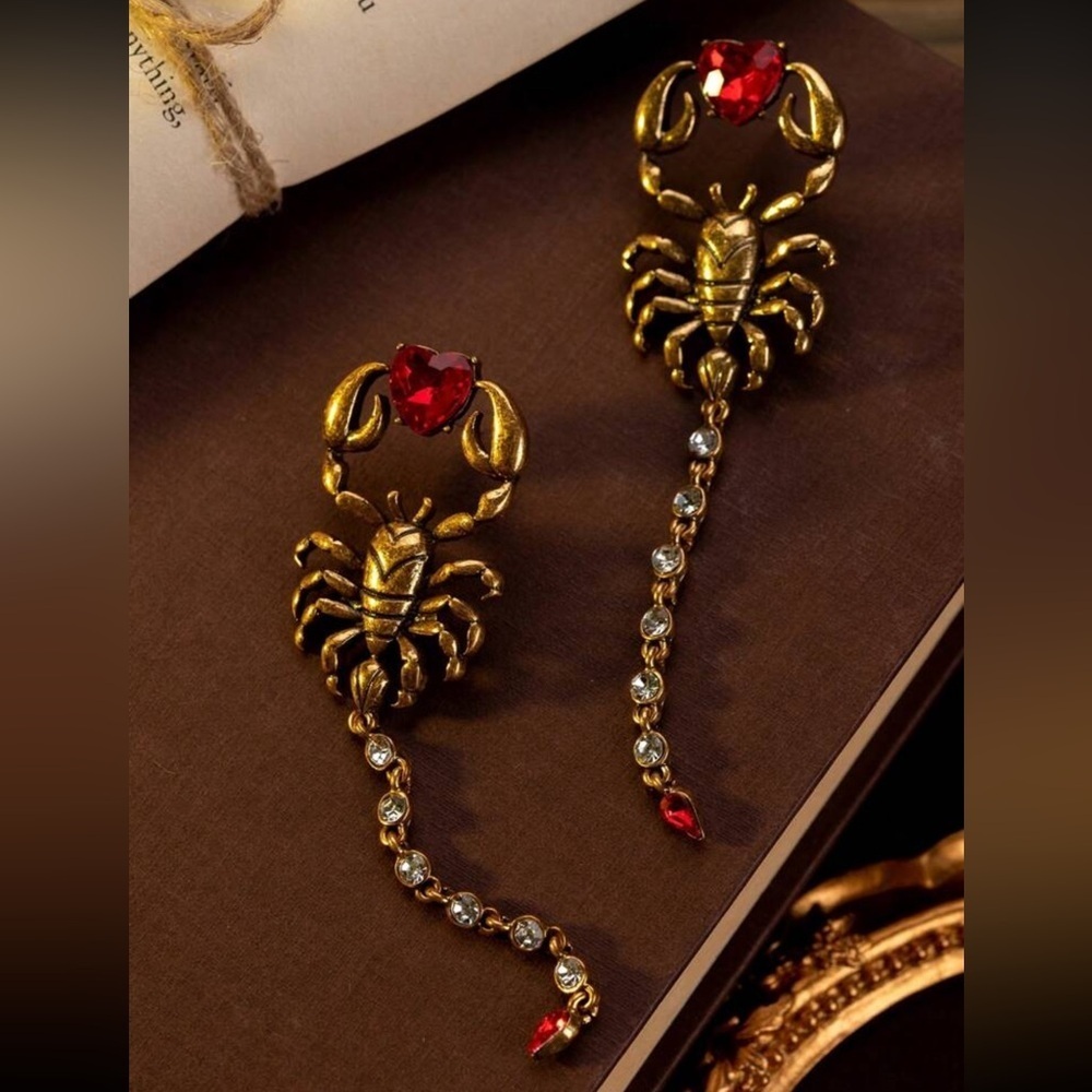 Gothic Scorpion Drop Earrings | Red Crystal Heart & Rhinestone Tail - Picture 3 of 12